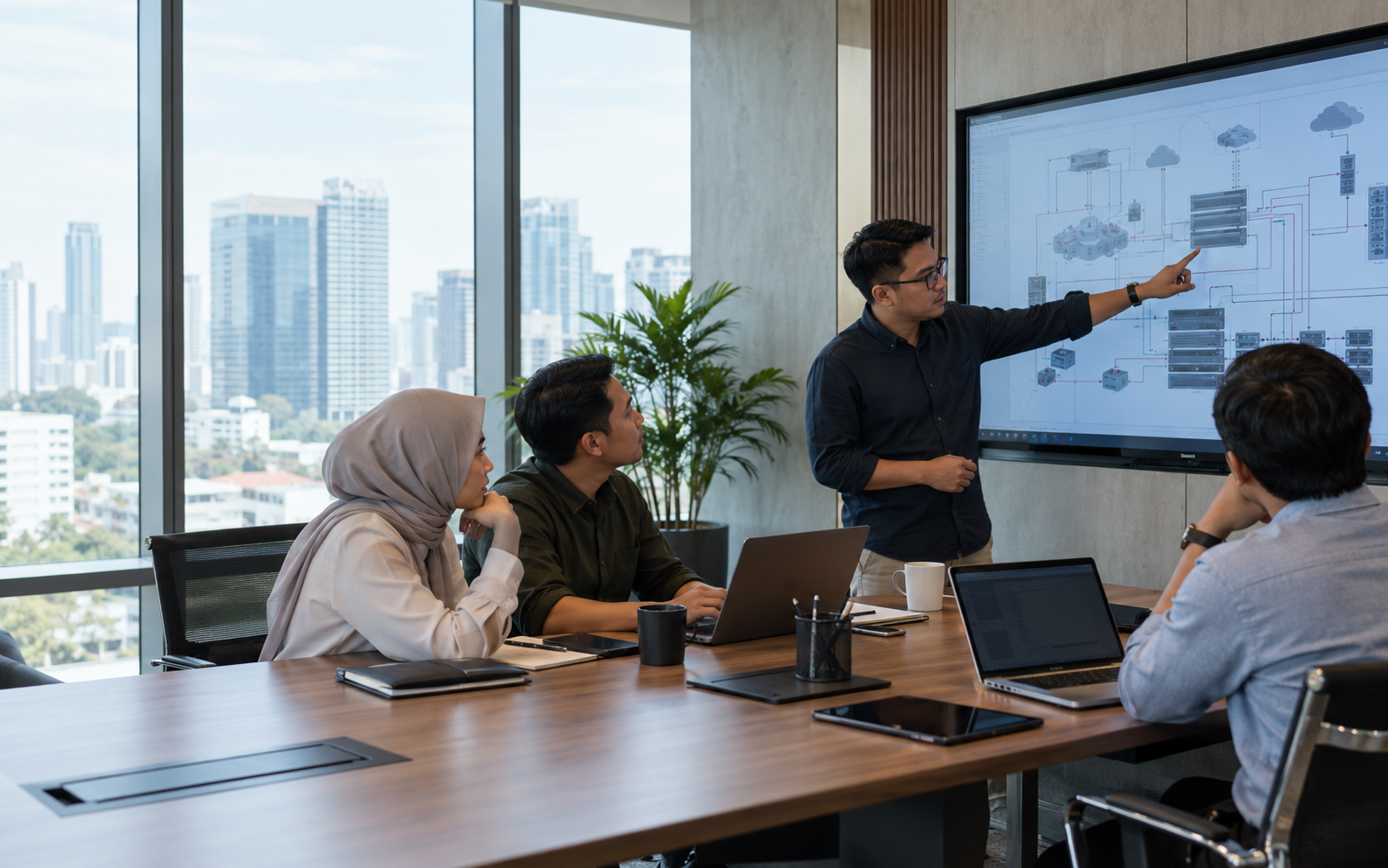 Tim teknis merancang solusi infrastruktur jaringan