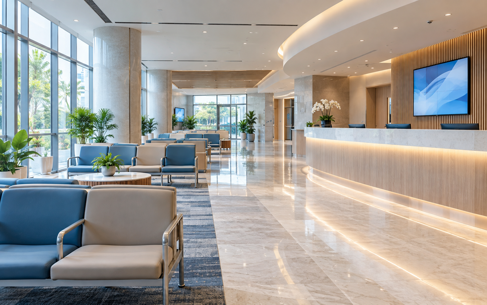 Lobby rumah sakit modern sebagai contoh fasilitas kesehatan